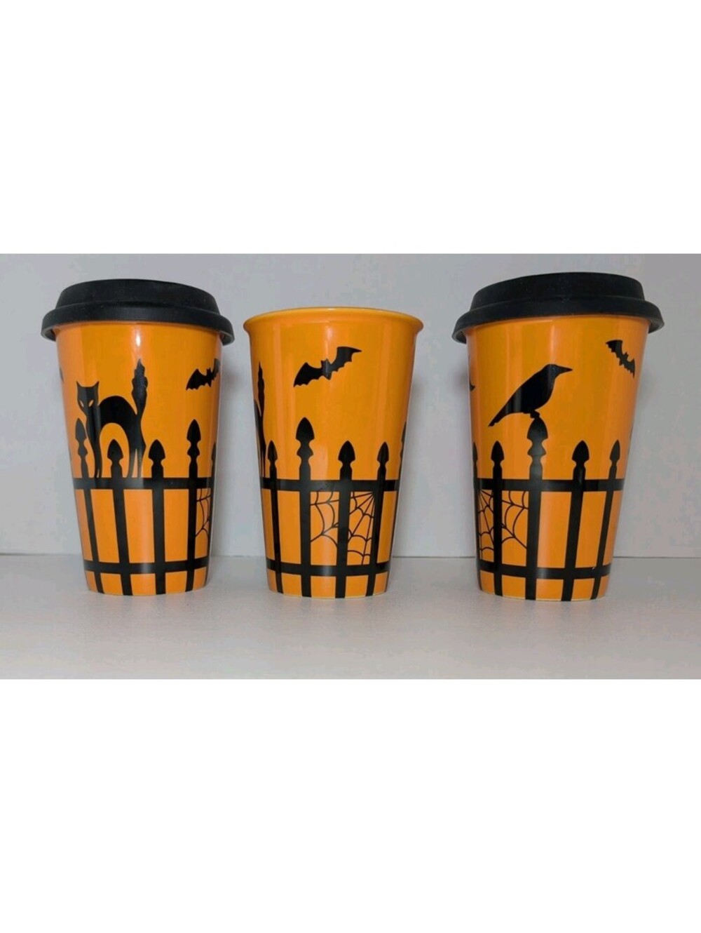 Lot Of 3 LONGABERGER Pottery 2011 Halloween Travel Mugs 2 With Lids